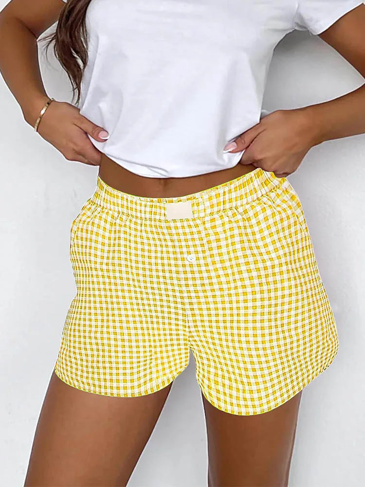 Teen Girls Plaid Shorts Elastic Waistband Pull-On Casual Lounge Summer Outfit Red Blue Color Women's Fashion