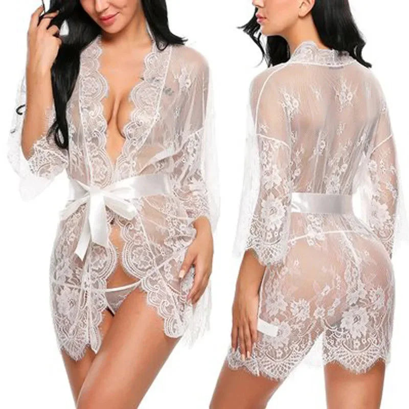 Women Sexy Lingerie Erotic Transparent V-Neck Nightwear Babydoll Robe G-string Costume Kimono Robe Lace Sleepwear Dress
