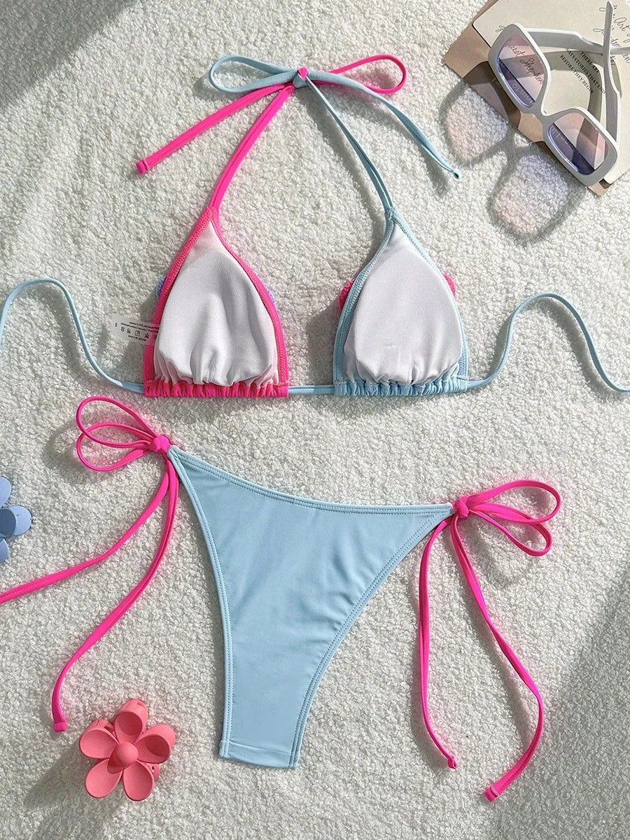 XS - L Splicing Halter 3D Flower Bikini Female Swimsuit Women Swimwear Two-pieces Bikini Set High Cut Bather Bathing Suit Swim