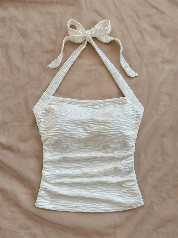 Wave Pattern Solid Color Halter Crop Top for Women Summer Sexy Ruched Waist Backless Cami Top Tank Top Streetwear Y2k Clothes