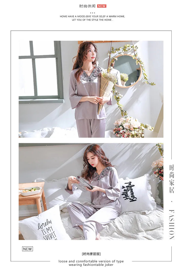 Spring and summer silk women's pajamas long-sleeved autumn and winter new imitation silk women's home clothes