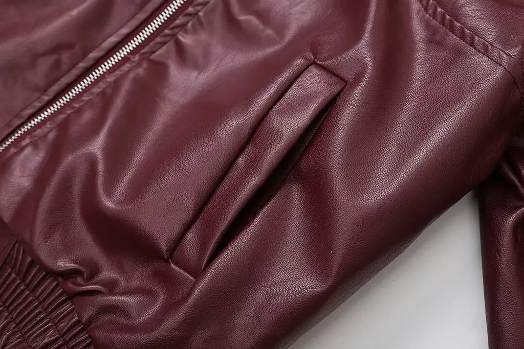 Foridol Wine Red Vintage Faux Leather PU Coat for Women Long Sleeve Turn Down Collar Zipper Autumn Winter Coat Jacket