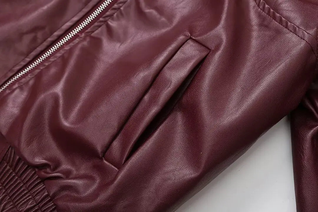 Foridol Wine Red Vintage Faux Leather PU Coat for Women Long Sleeve Turn Down Collar Zipper Autumn Winter Coat Jacket