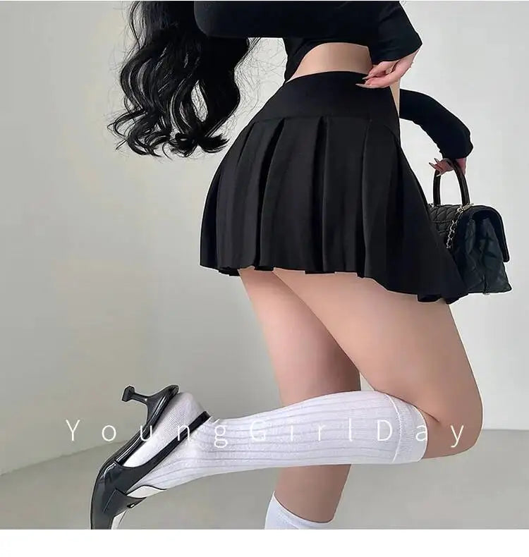 WOMENGAGA Fahsion Women Skorts Spicy Girl Sexy High Waist SlimA-LINE Pleated Skirt Half Body Short Skirt Sweet Korean Style 8NDZ