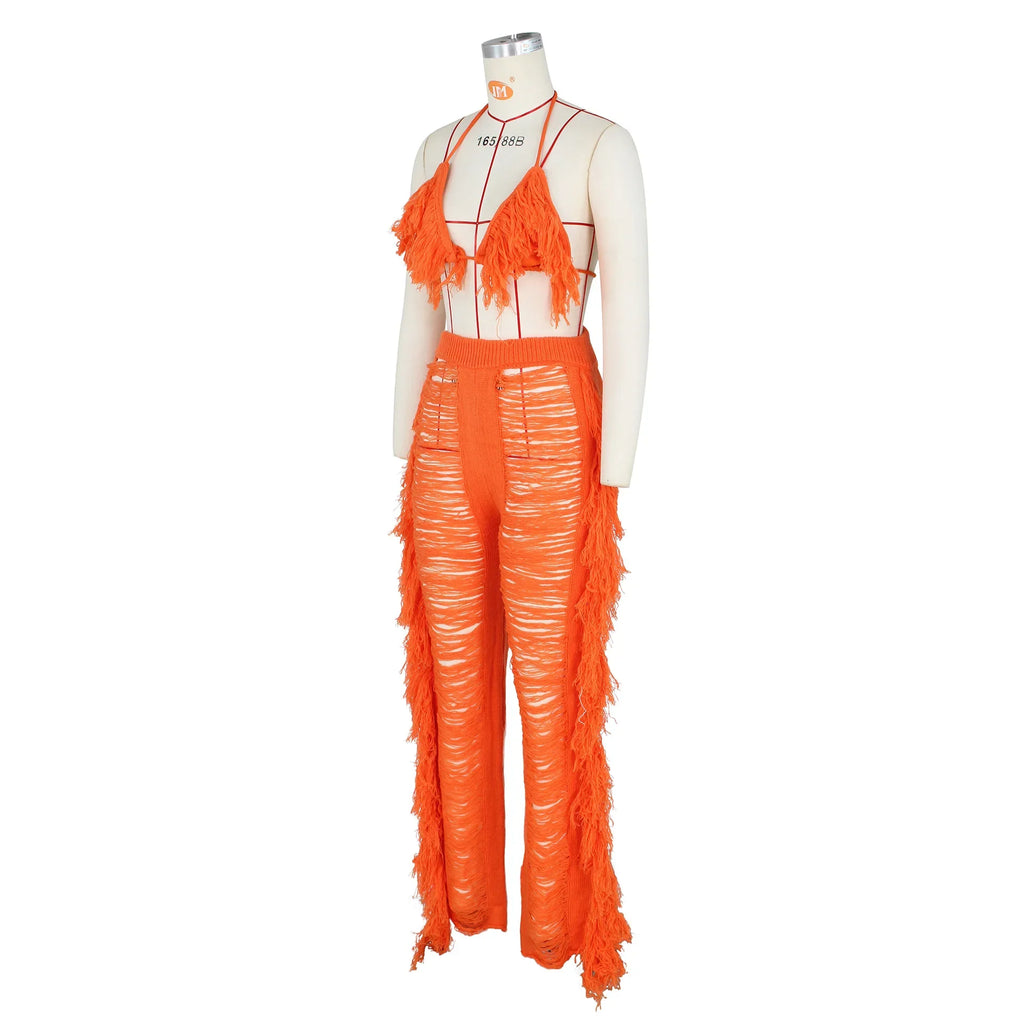 DEKAWomen Tassel Pants Knitted Bra Top Bikini Set Swimsuit Handemade Crochet Bikini Cover Up Tassel Beach Long Wrap Pant