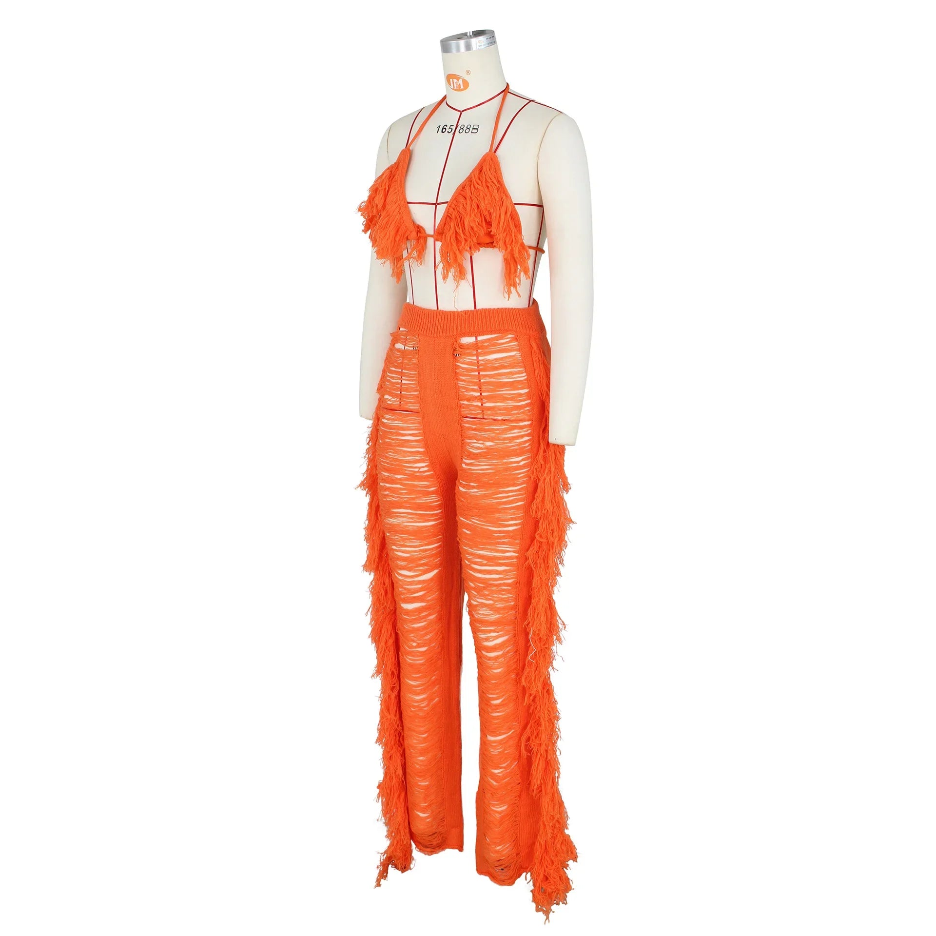 DEKAWomen Tassel Pants Knitted Bra Top Bikini Set Swimsuit Handemade Crochet Bikini Cover Up Tassel Beach Long Wrap Pant