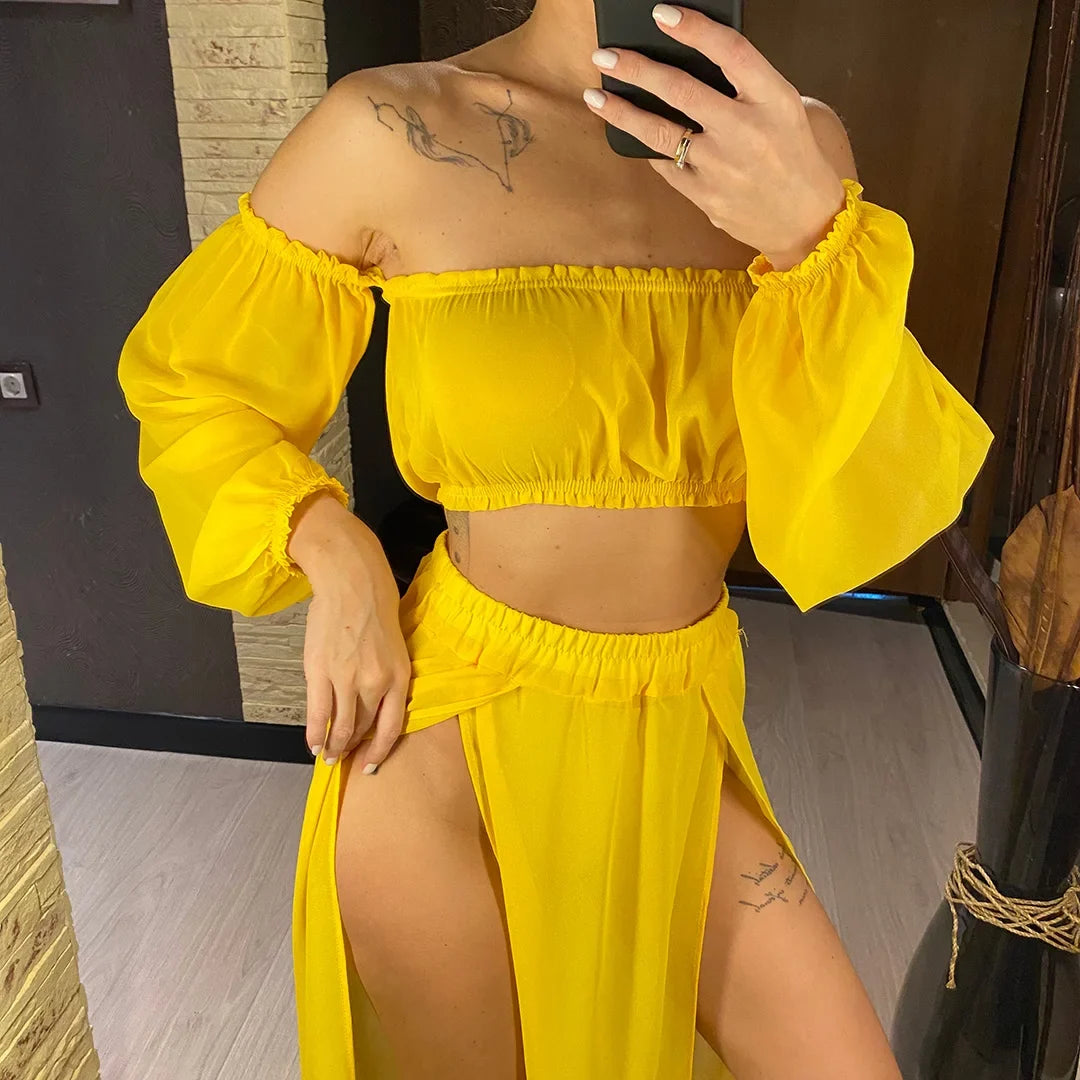 2026 Leopard Off Shoulder Long Sleeve 2 Pieces Set Beach Cover Up Cover-ups Beach Dress Beach Wear Beachwear Female Women V3728