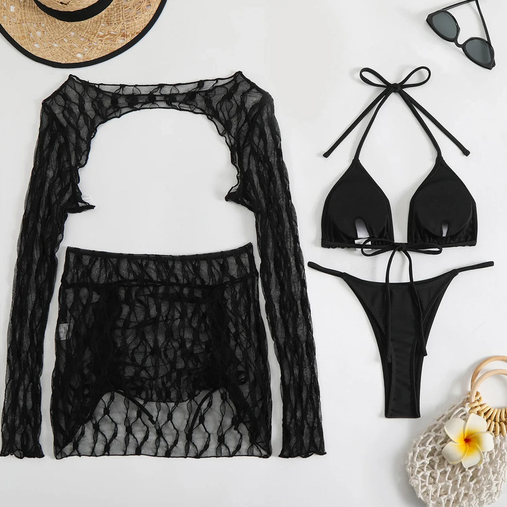 2025 European and American New Solid Color Special Mesh Four-piece Beach Swimsuit Sexy Bikini Burkini Muslim Swimwear