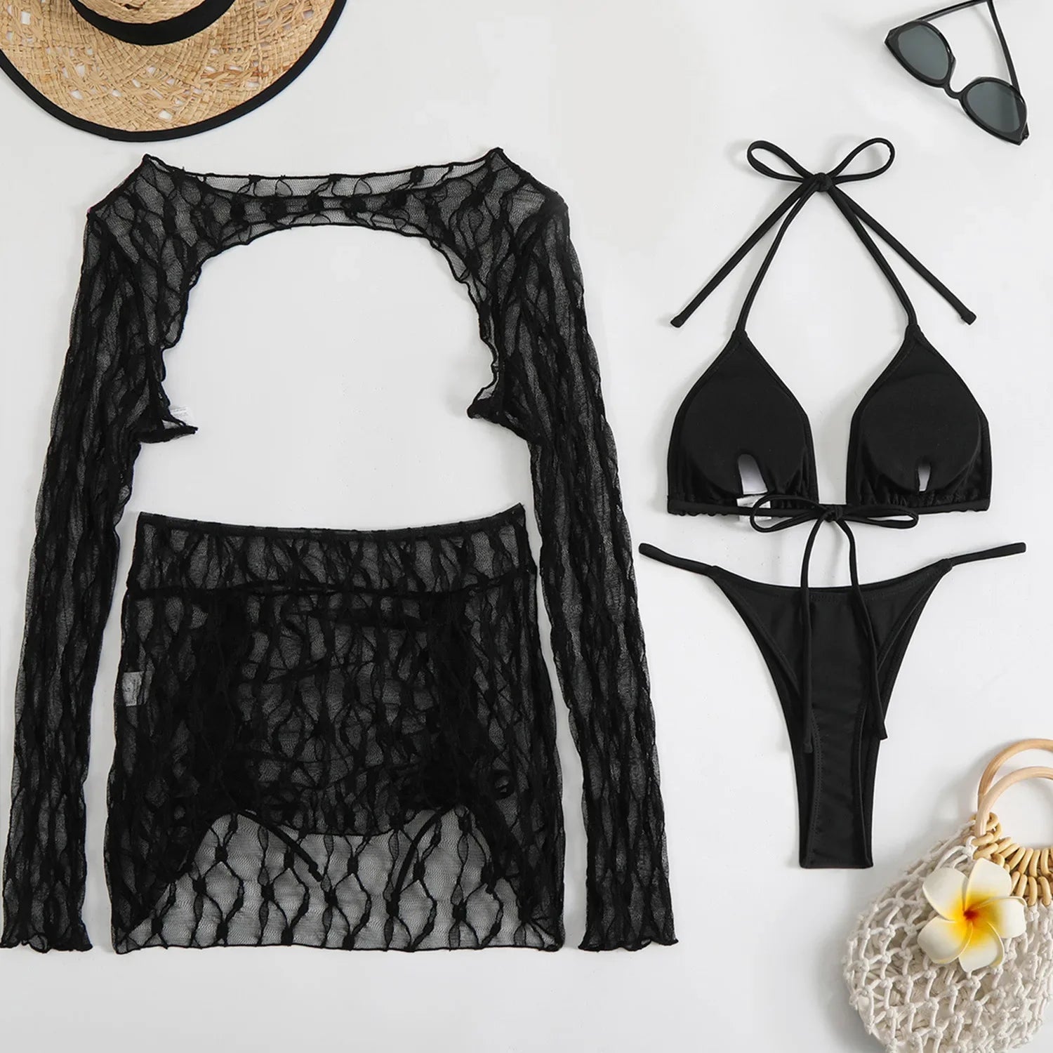 2025 European and American New Solid Color Special Mesh Four-piece Beach Swimsuit Sexy Bikini Burkini Muslim Swimwear