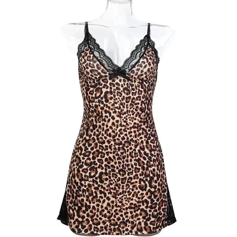 Summer Leopard Printed Nighties Women's Sexy Nightgowns Sleepwear Nightshirts Underwear Pajamas V-neck Lace Slim Mini Dress