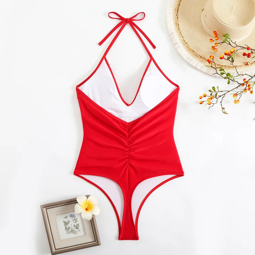 2026 Halter Swimsuit One Piece Backless Solid Swimwear Women Bathers Bathing Swimming Swim Suit Padded Beachwear Summer
