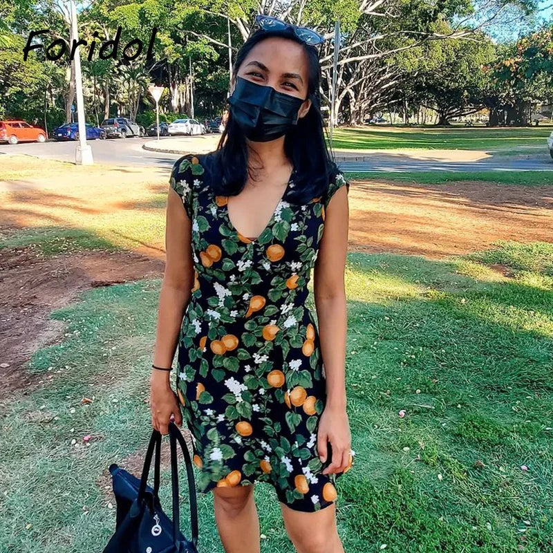 French Style Vintage Lemon Leaf Printed Green Dress Sexy Slip Midi Sleeveless Tank Dress Chiffon Women Holiday Elegant Dress