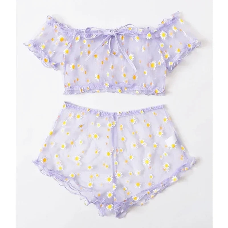 Mesh Floral Printed Off Shoulder 2Pcs Lingerie Set for Women Sexy Underwear Transparent Tops+Shorts Panties Exotic Sets