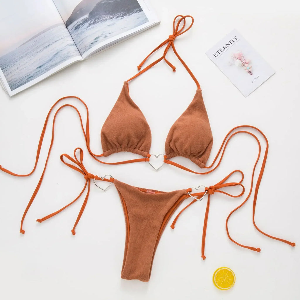 Love Shaped Metal Rings Bikinis Halter Velvet Bikini Women Swimwear Female Swimsuit Two-pieces Bikini Set Bathing Suit Swim Lady