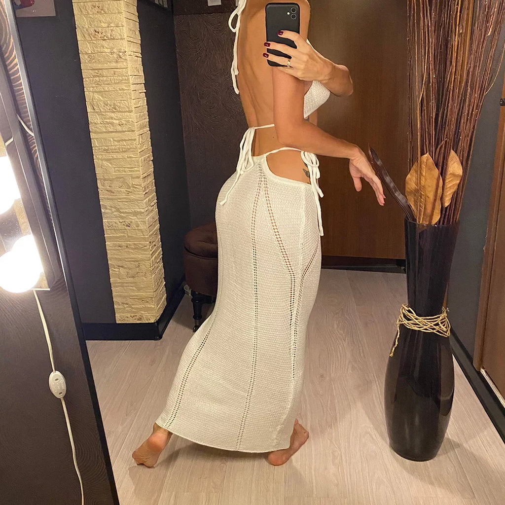 2PCS Set Sexy With Top Halter Crochet Knitted Dress Tunic Beach Cover Up Cover-ups Beach Dress Beachwear Female Women V4885W