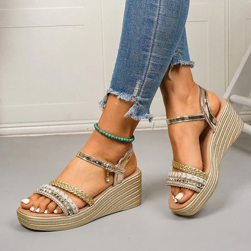 Plus Size 43 Wedge Heels Women's Sandals Summer Woven Ankle Buckle Platform Sandles Women Lightweight Thick Sole Rome Sandalias