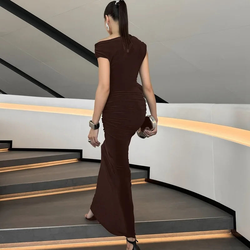 FDYOUI Woman Clothes Diagonal Collar Ruched Brown Long Dresses 2026 Summer Lady Chic One Shoulder Sleeveless Tunics Party Dress