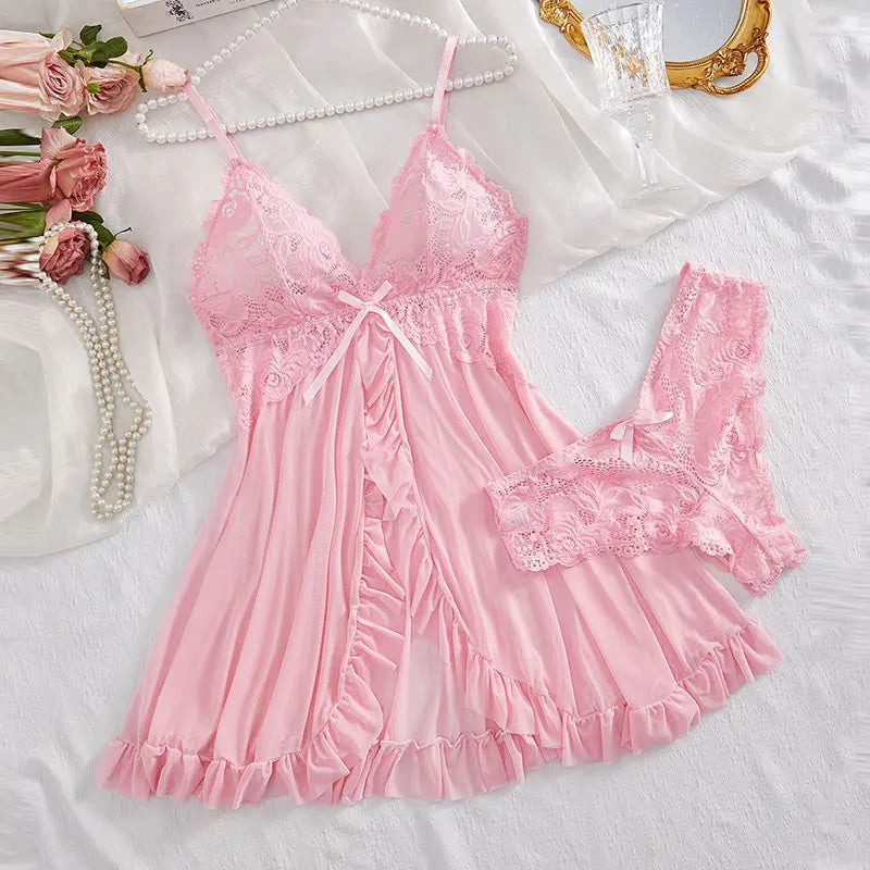 V-neck Luxury Pajama Set With Thong Women Nightgown For Sleeping Hot Femme Sleepwear Summer Sleeveless Sleep Dress Holiday Gifts