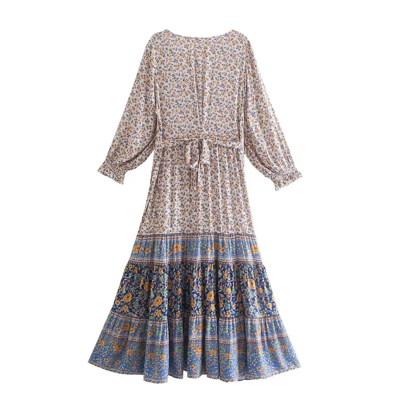 Floral Print Boho Long Dresses with Sleeves Vestidos Para Mujer Ruffles Sash Beach Casual New in Dress Loose Retro Sundress