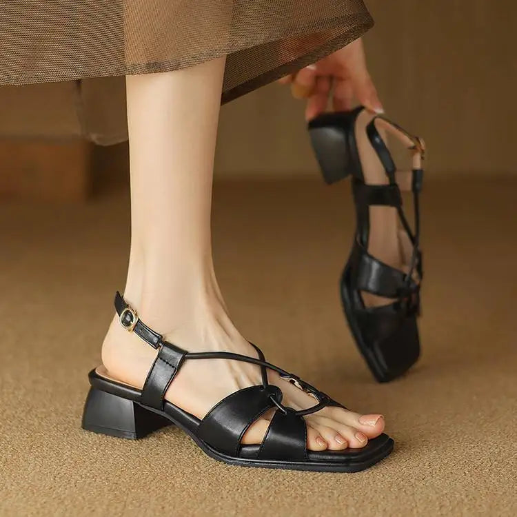 Summer New Model Fashion Middle Heeled Women's Sandals Black Buckle Open-toe Comfortable Hollow-out Women's Shoes High 3.5cm