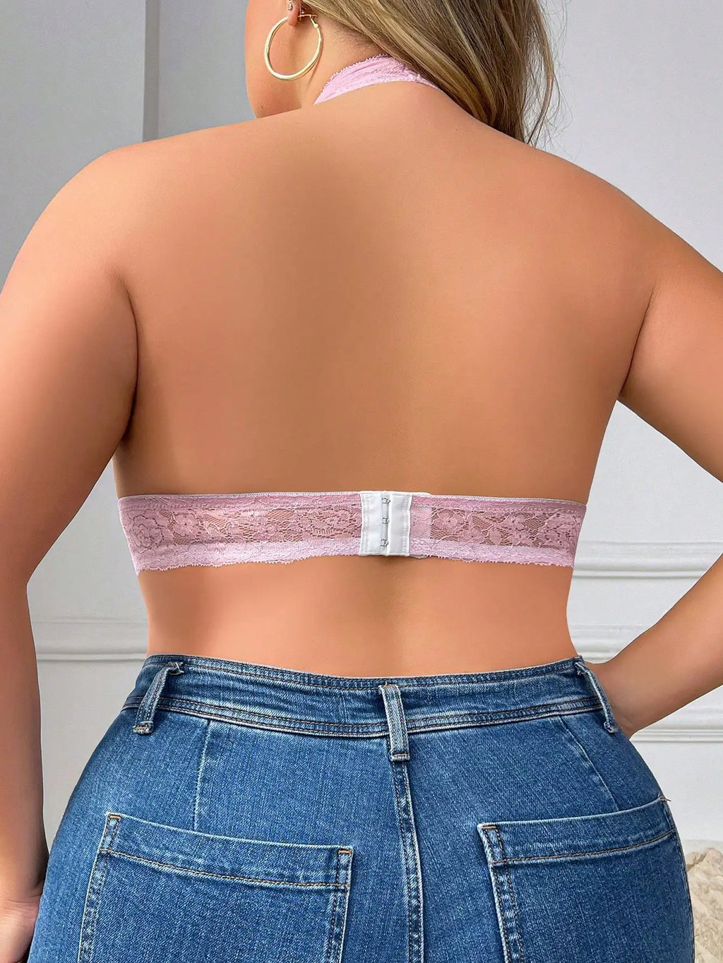 Women's Sexy Neck Hanging Plus Size Lingerie Pink Flower Lace Push Up Seamless Bra Daily Casual Bra HR2633