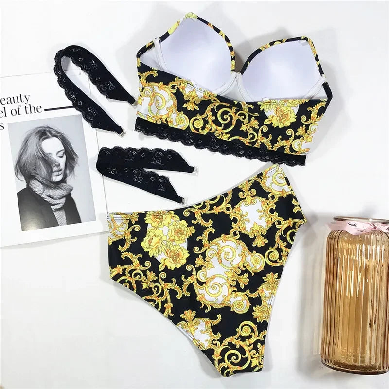 Printed Bra Cup Bandeau Bikinis Female Swimsuit High Waist Bikini Women Swimwear Two Pieces Bikini Set Push Up Bathing Suit Swim