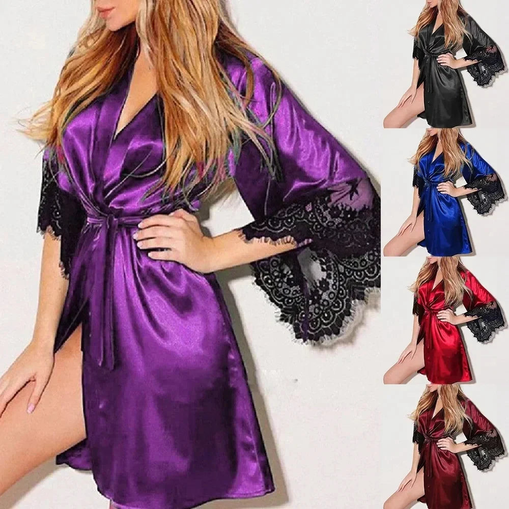 Women's Robe Lightweight Lace Trim Dressing Gown Casual Loose Nightwear Daily Home Sleepwear Red Black White Purple Champagne