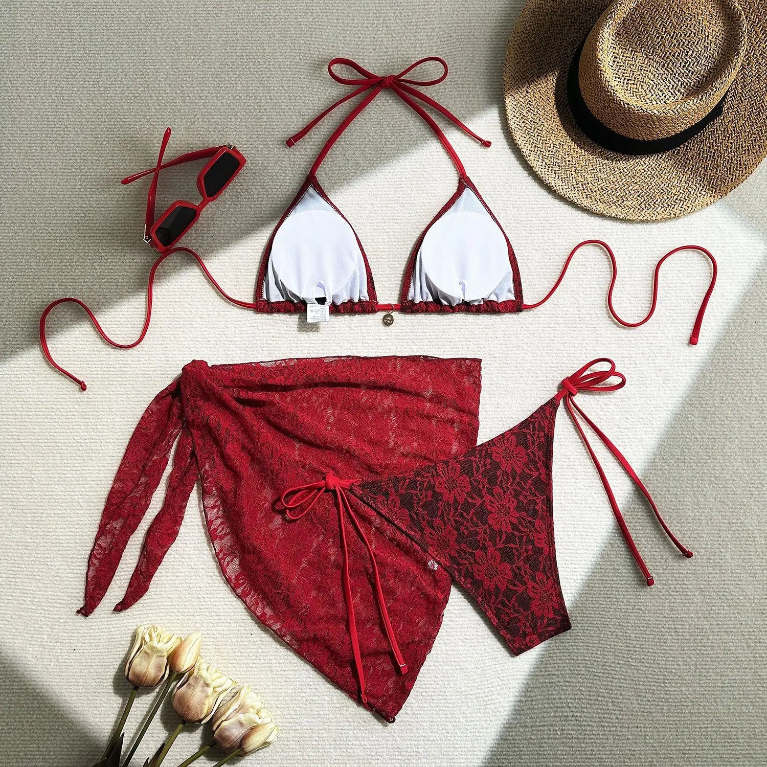 with Mesh Sarong Lace Halter High Cut Bikini Female Swimsuit Women Swimwear Three-pieces Bikini Set Bathing Suit Swim Beachwear
