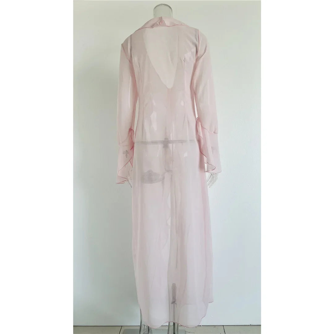 Women's V Neck Ruffled Long Sleeve Dress Chiffon Tunic Beach Cover Up Cover-ups Beach Dress Sunscreen Beachwear Vacation V5976B