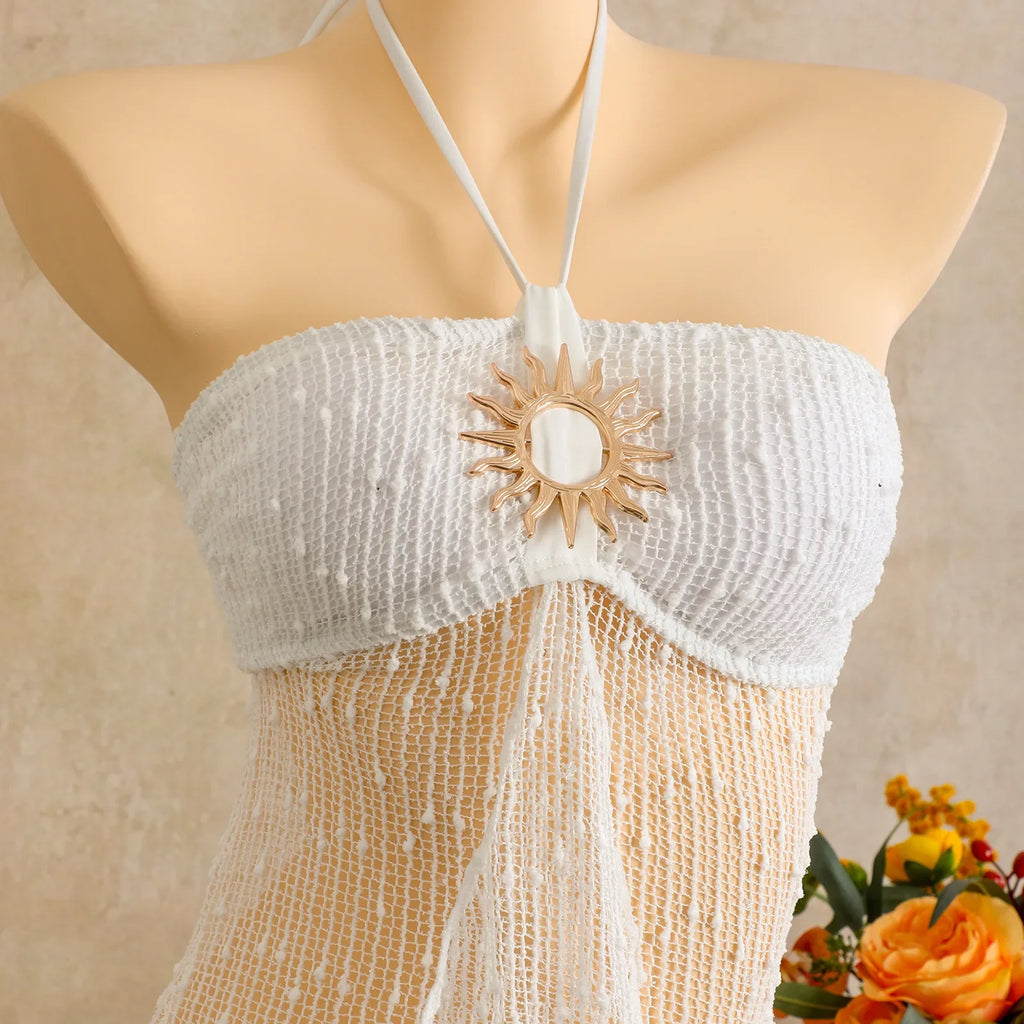 Sexy Holiday Two Piece Bikinis Sets Swimwear Women White Black Metal Buckle Push Up Mesh Top Bathing Suit Thong Bikini Set 2026