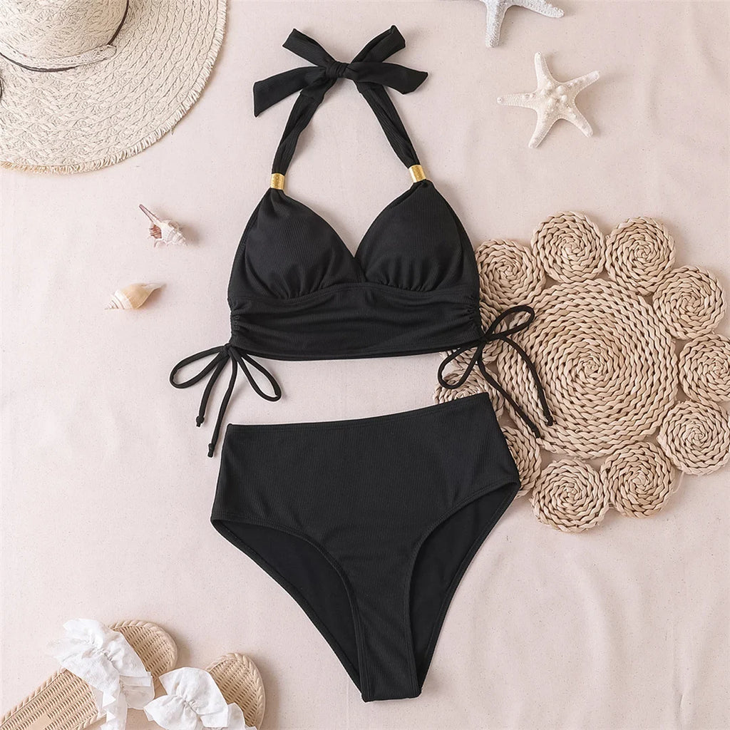 S - XXL 2026 Ribbed Halter Mid Waist Bikini Female Swimsuit Women Swimwear Two-Pieces Bikini Set Bather Bathing Suit Swim V6447