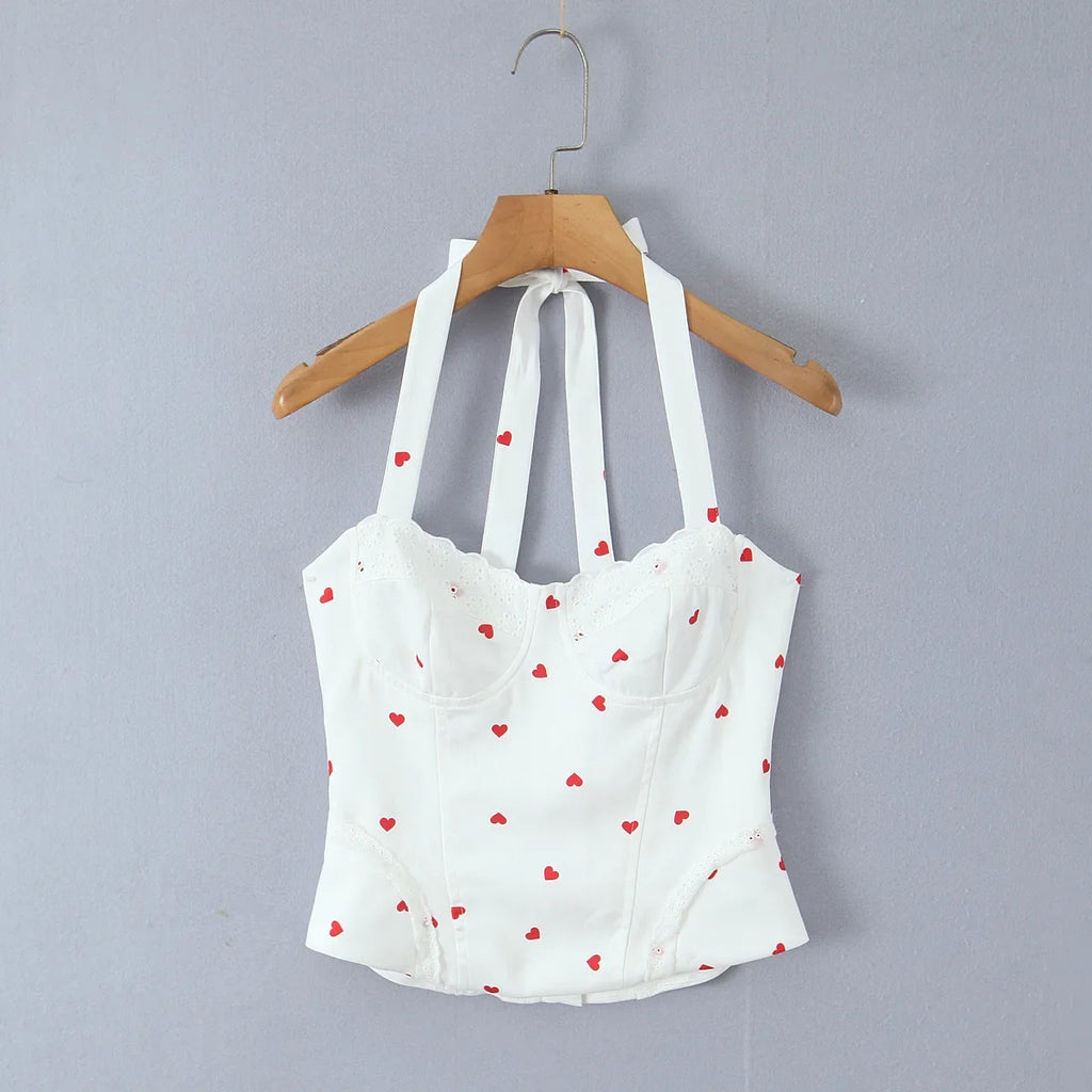 New Elegant Style Sexy Sweet Hot Girl Heart Print Slim Fit Strap Camisole Lace Trimmed Back Zipper Sleeveless Vest Charming GT1L