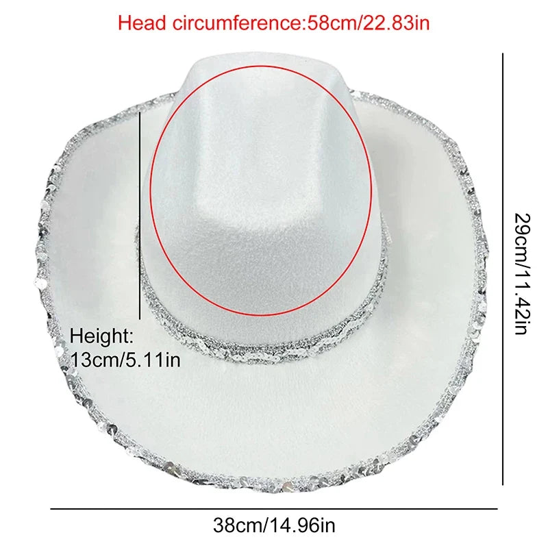 Women Shiny Sequined Wide Brim Cowboy Hat Western Style Sun Cap for Club Party