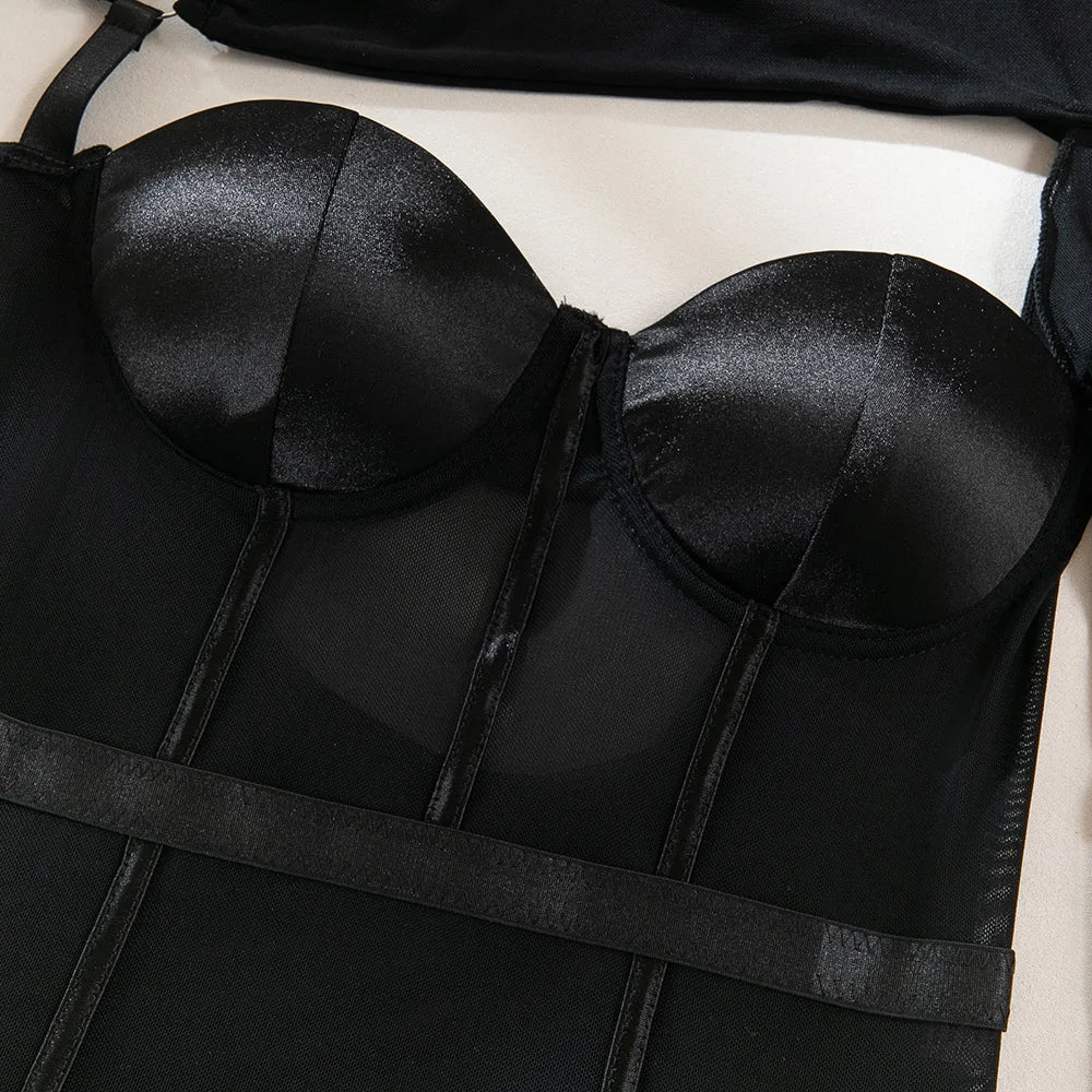 Toucheart Sexy Lingerie One-shoulder Sleeve Body Shaping Jumpsuit Women Push-up Chest Cotton Splicing Mesh Perspective Underwear