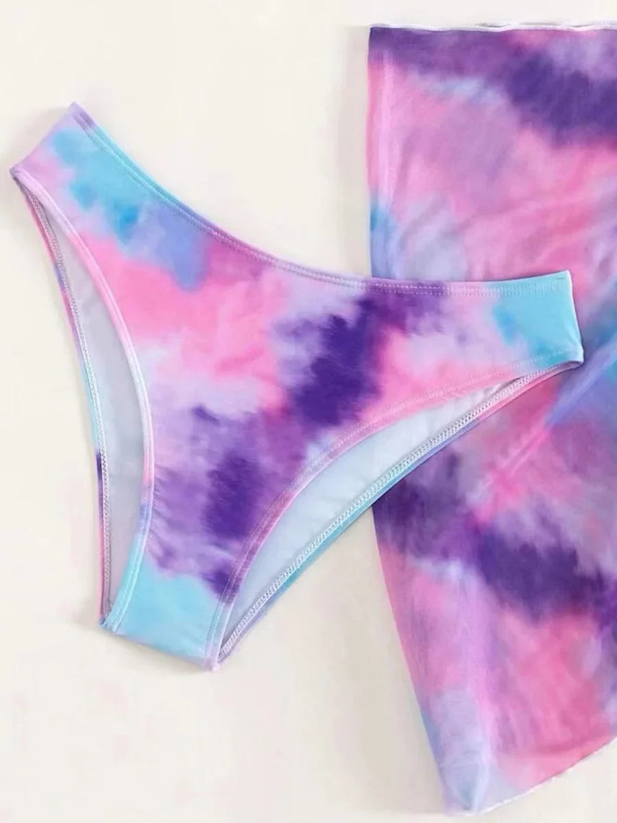 With Mesh Skirt Sarong Tie Dye Micro Bikini Women Swimsuit Female Swimwear Three Pieces Bikini Set Bathing Suit Swim Beachwear
