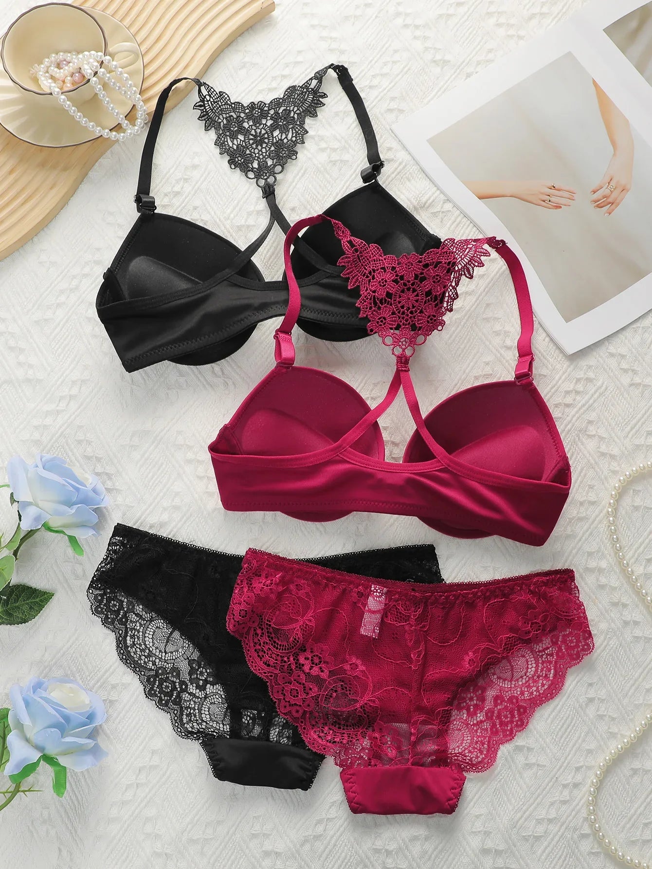 Women's Front Buckle Design Underwear Set Sexy Lace Rear Underwear Pulling Up Bra Black+Wine Red 2-piece Set A2130