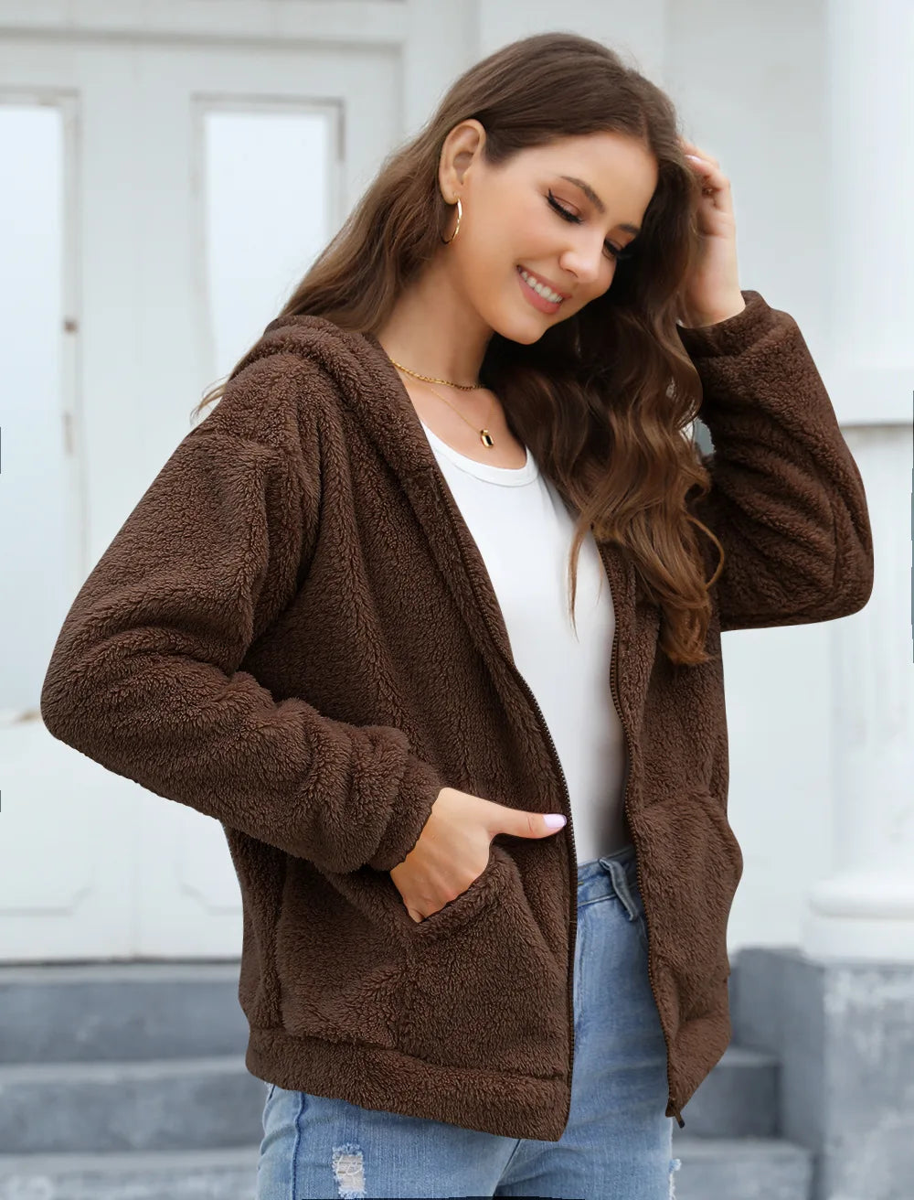 Phantasy Woman Hooded Fleece Coat Womens Casual Jacket Soft Heavy Autumn Winter Solid Hooded Jacket Ladies Outwear Overcoat