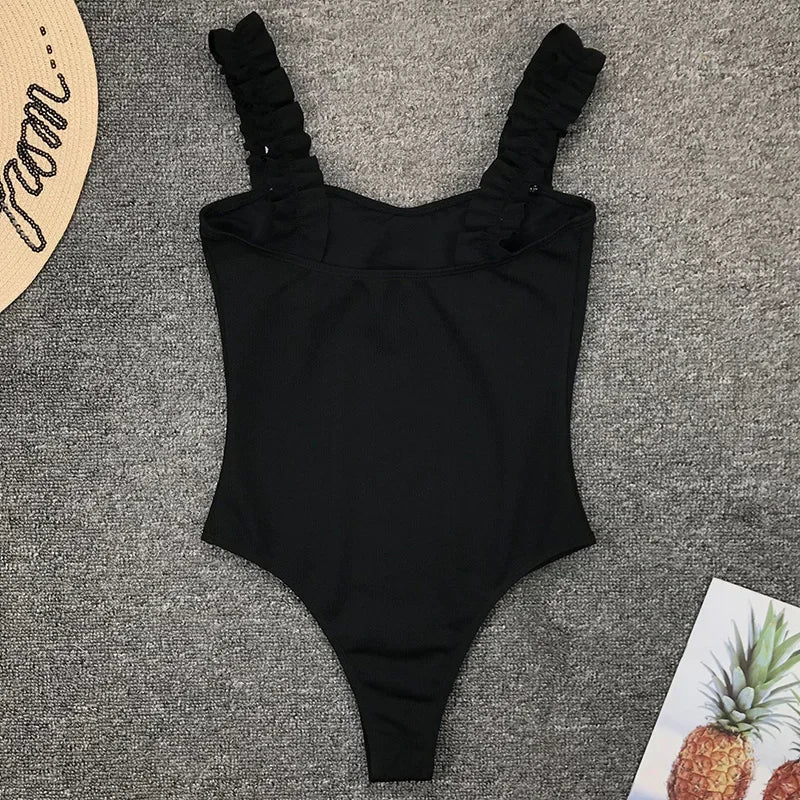 Sexy White Frill Trim Ruffled Ribbed Female Swimwear One Piece Swimsuit Women Monokini High Cut Bather Bathing Suit Swim Lady