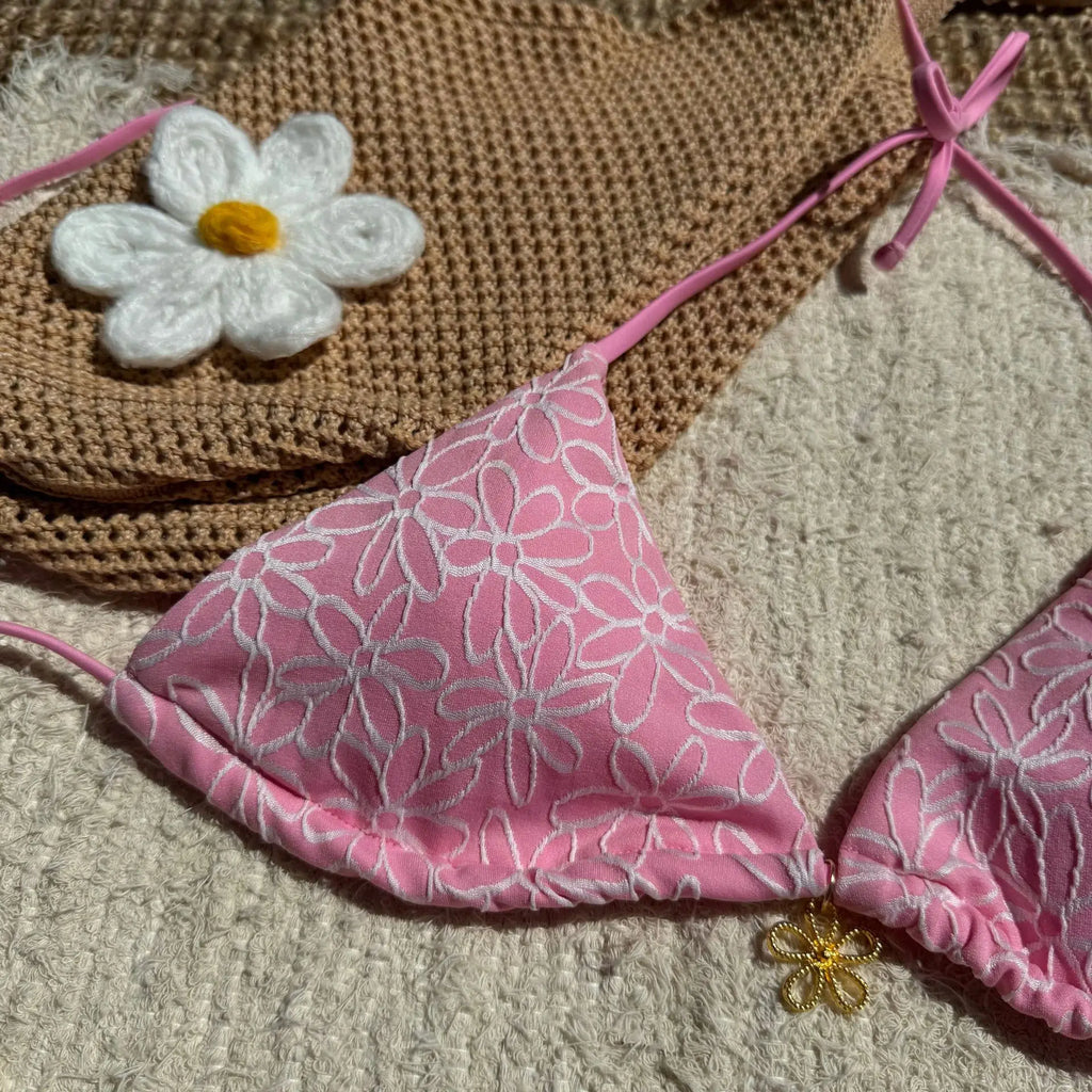Sexy Pink Mesh Flower Bikini Set Women Halter Push Up Bra Bandage Triangle Swimsuit 2025 Summer Bathing Suit Vacation Swimwear