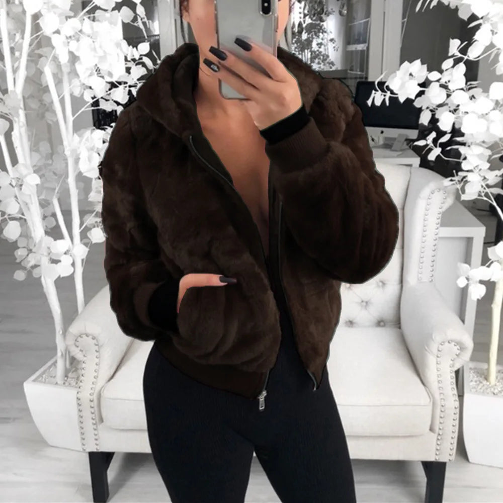 Phantasy Women's Hoodies Women Clothing Streetwear New Style Fashion Hooded Imitation Fur Plush Coat Solid Color Jacket Female