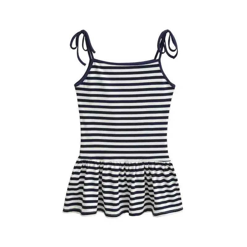 Sweet Double-shoulder Strap Striped Color-block Camisole For Women Unique Design Patchwork Pure Desire Dress Elegant Casual WIKO