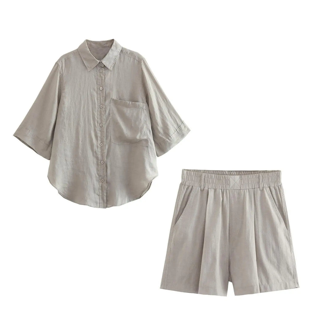 Foridol Casual 2 Pcs Shorts Women Set Linen Cotton Pink Oversize Buttons Shirt+shorts Outfits Summer Autumn White Fashion Set