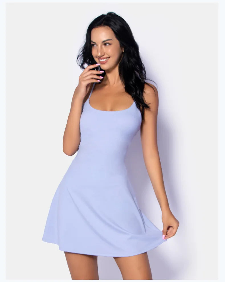 Summer Sleeveless Tennis Dress for Women Pink Hollow Out Backless Lace Up Gym Fitness Golf Badminton Pocket Skirt Suit Sportwear