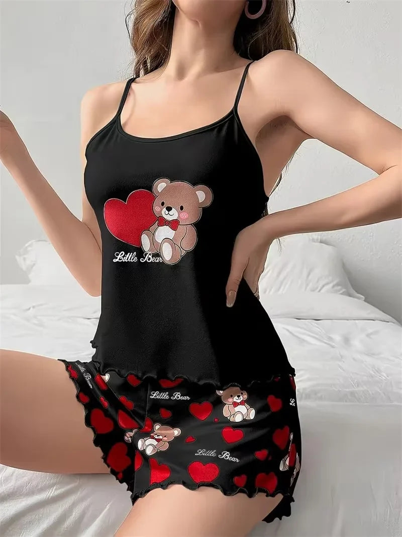 Summer Cute Bear+Heart Print 2pcs Pajamas Set Women Homewear Camisoles Tops and Shorts Underwear Sexy Lingerie Sleepwear