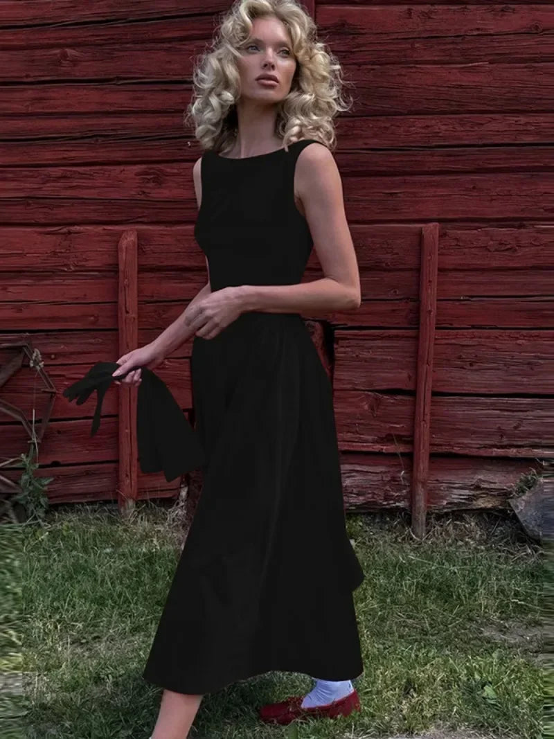 Chic Elegant O-neck Sleeveless Backless A-line Long Dresses Red Black 2026 Summer High Waist Tunics Zip-up Party Evening Dress
