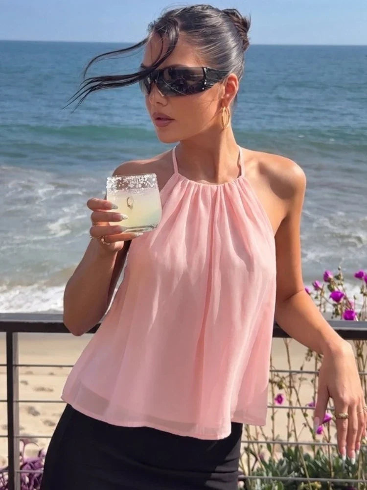 FDYOUI Women's Halter Off Shoulder Camisoles 2026 Summer Sexy Lace-up Backless Pink Tank Top Girls Loose Solid Tops Streetwear