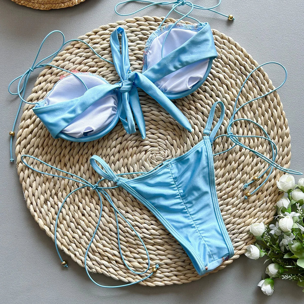 Flowers Printed Halter Underwired V-Bar Bikini Women Swimwear Female Swimsuit Two-pieces Bikini Set High Cut Bathing Suit Swim