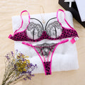 Magenta leopard print patchwork lace lingerie set-Sexy see-through chiffon demi-cup shaping bra thong set for two piece ZA825120