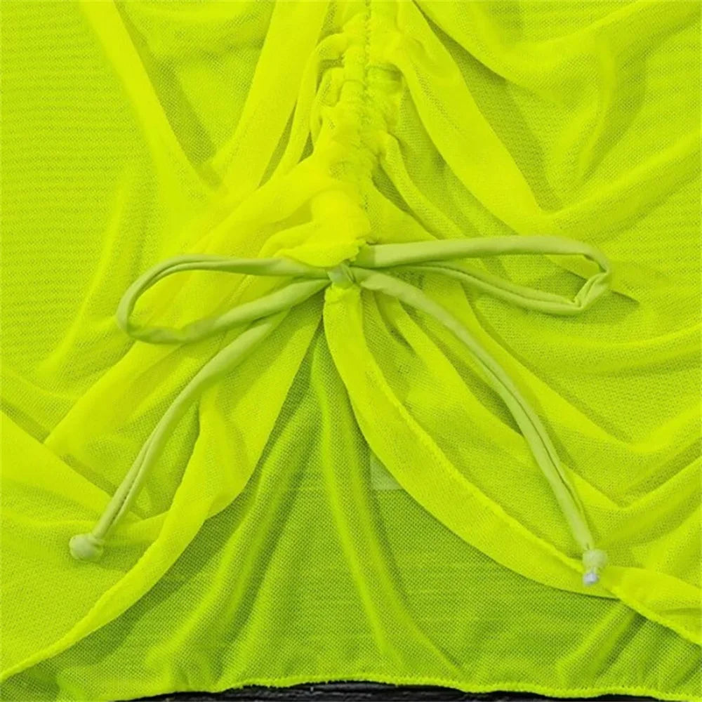 Beachwear Hip Skirt Translucent Sexy Swimsuit Beach Skirt Seaside Holiday Gauze Skirt Ruffled Overskirt Mesh Drawstring Solid