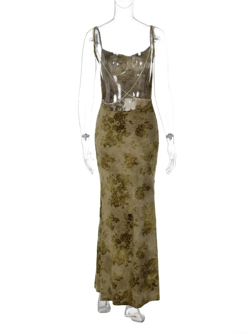 FDYOUI Sexy Elegant Chain Backless Green Floral Evening Dress for Women Sleeveless Bodycon Long Cocktail Dresses Party Club Gown